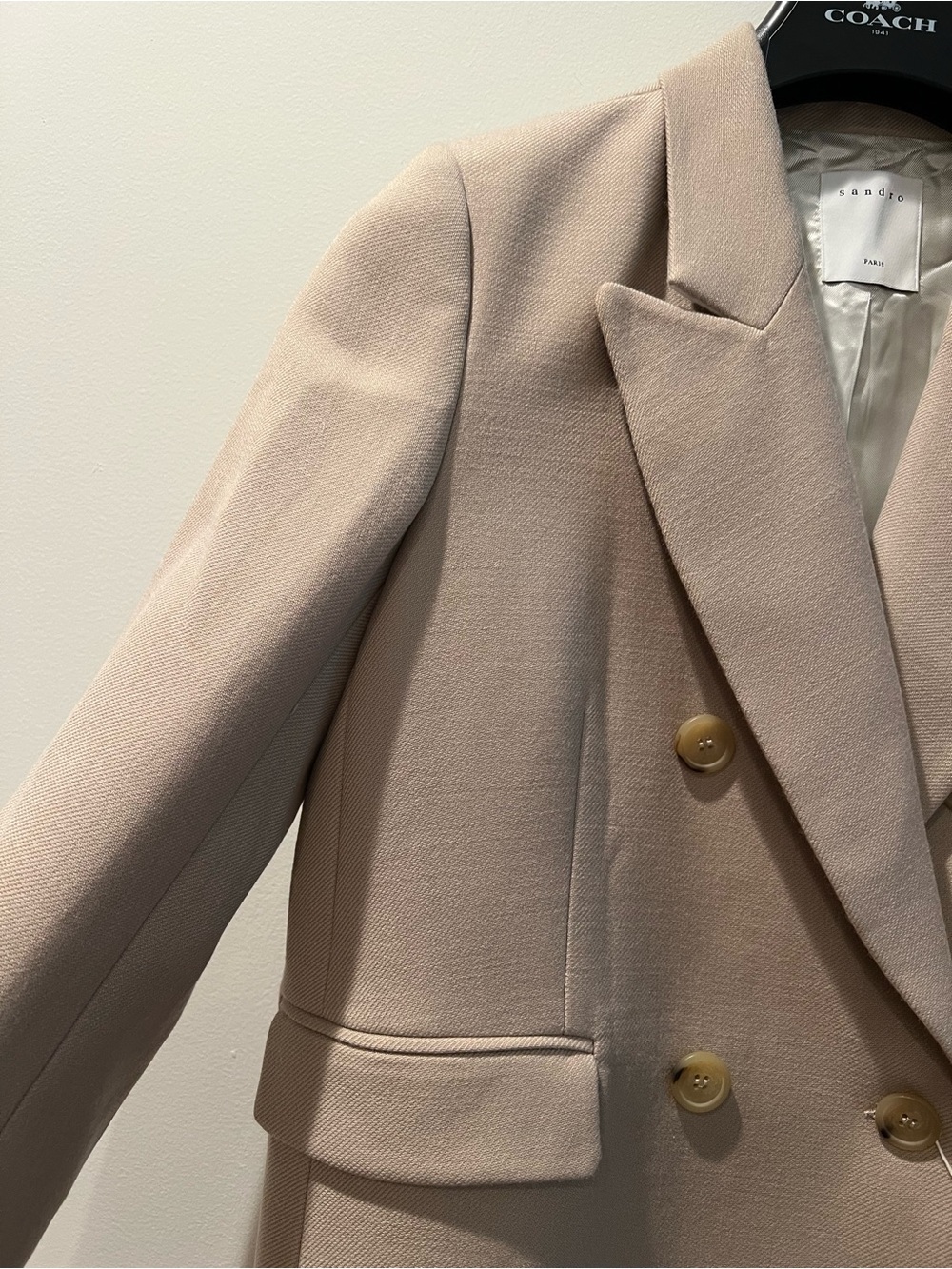 NWT Sandro Tan Beige Nude Classic Double-Breasted Camel Coat Women M Medium 40 - Picture 3 of 5